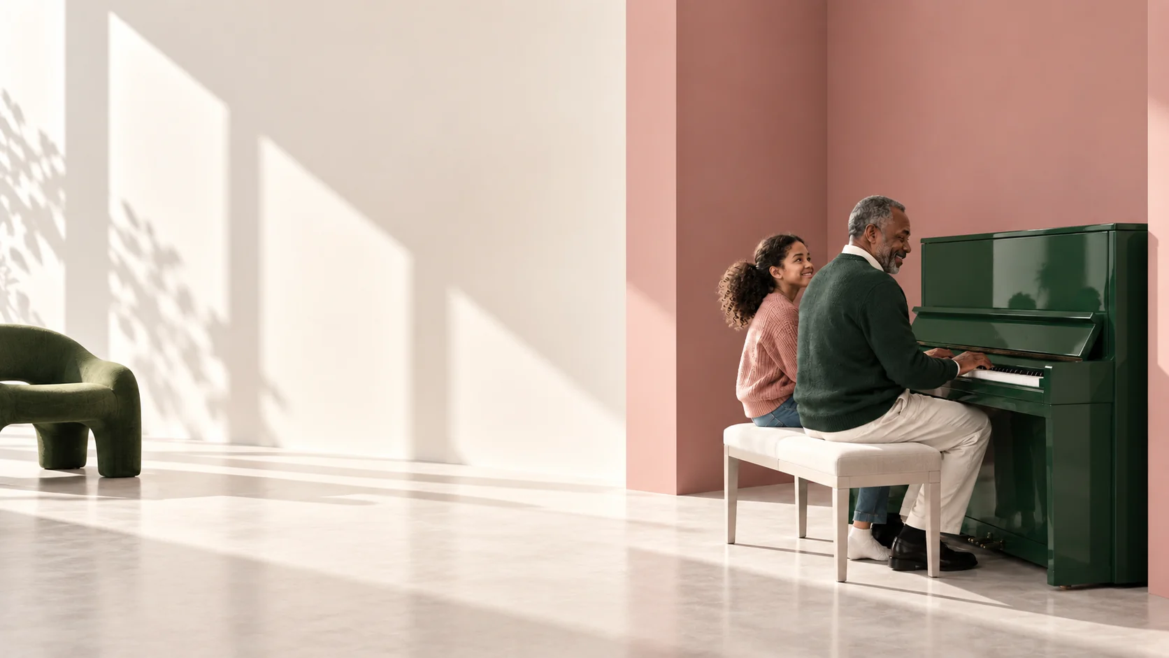 A grandfather and granddaughter at a green piano in a light, calm room: an ordinary day in a real home.