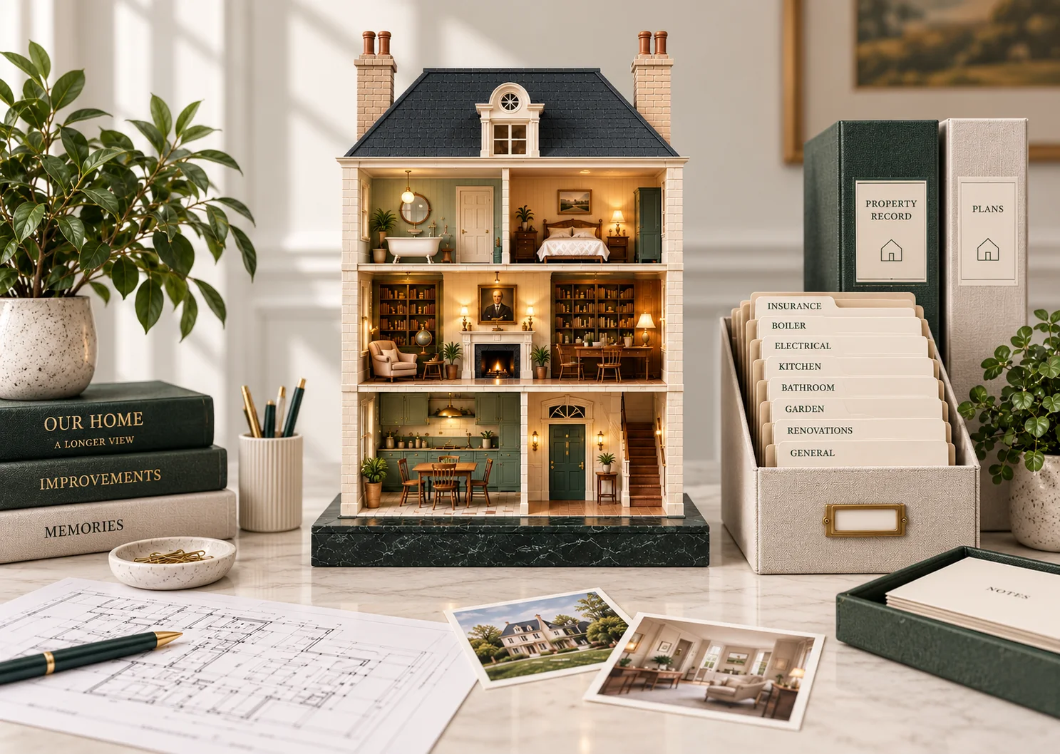 The HoWA home model beside a home's records: labelled archive boxes for plans, surveys, certificates, warranties, receipts and service history, a card index of rooms and systems, and a bound property record.