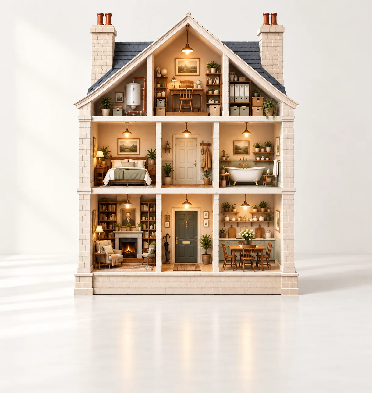 The HoWA dolls house, every room and its history visible at once: an attic of stored records, living spaces and a hallway of coats and boots.