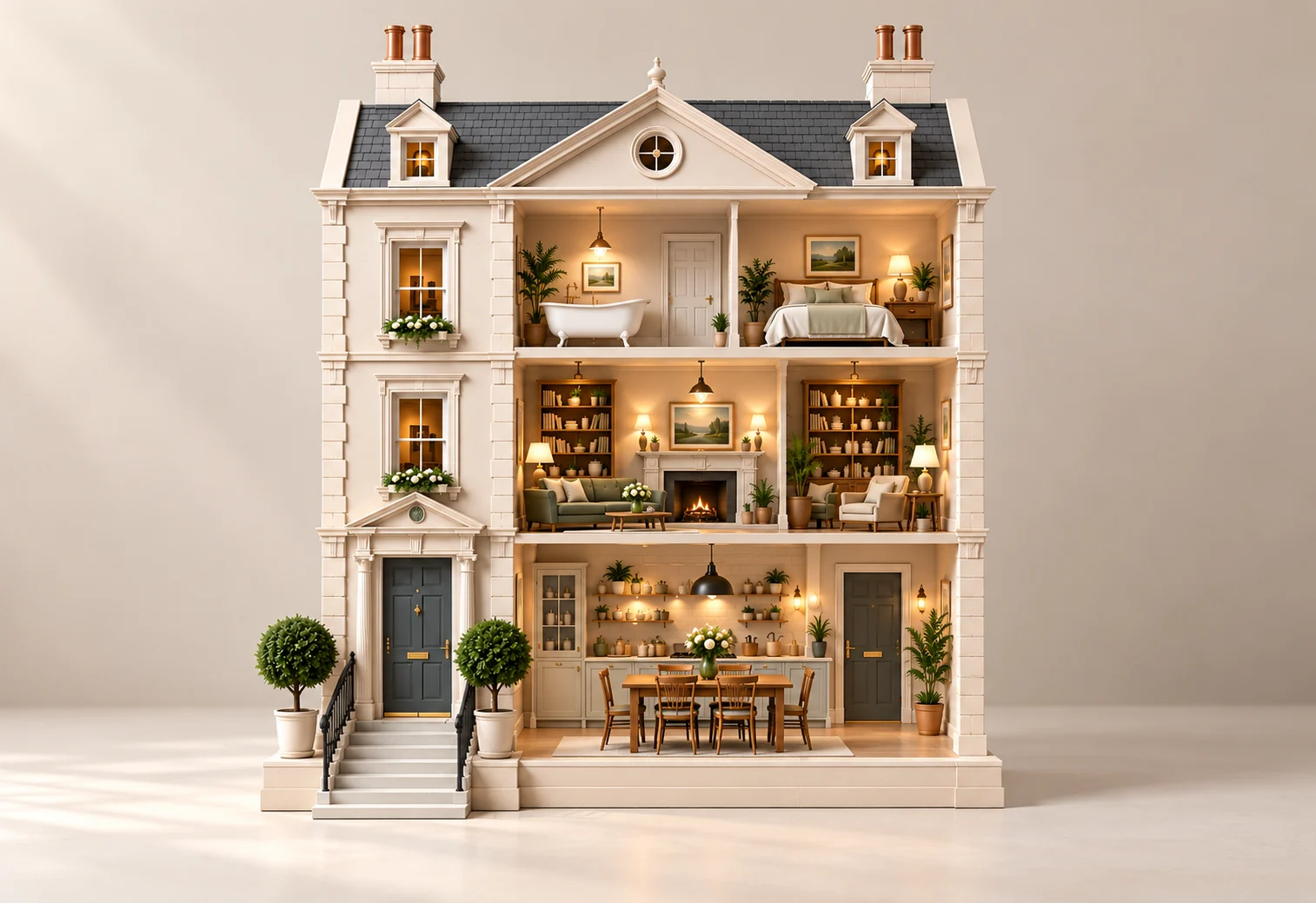 A pink HoWA dolls house, warmly lit