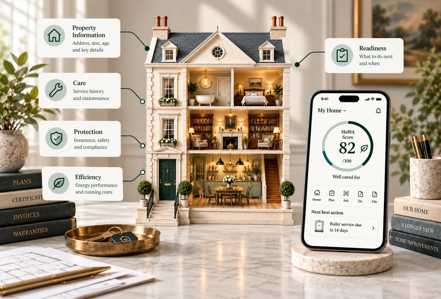 What the HoWA Score looks at, arranged around the dolls house: property information, care, protection, efficiency and readiness, with the app showing a Score of 82.